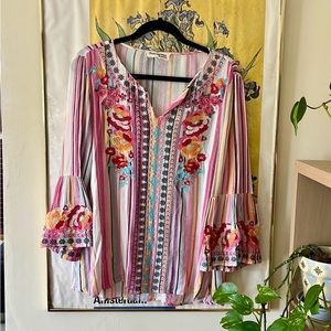 Savanna Jane Multicolor Striped Embroidered Tunic - Pink, Yellow, Teal, Red